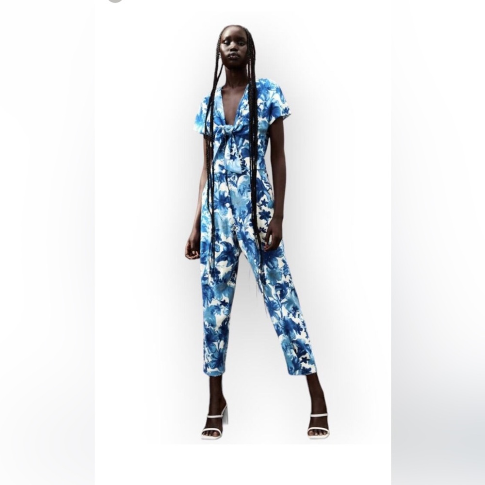 NWT Zara White Blue Floral Linen Jumpsuit S Cut Out Summer Coastal Beach Boho